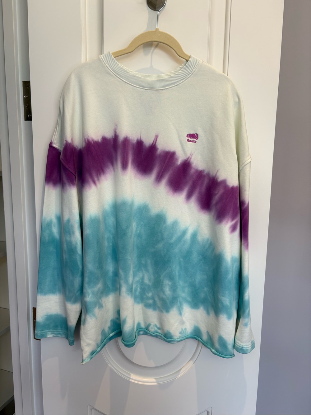 Roots Women's Tie-Dye Crewneck Sweater in Cream, Purple & Teal